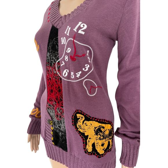 Y2K Euro Wool Blend Sweater Dress S/M Artsy Embroidered Graphic Patch Grunge - Picture 4 of 11